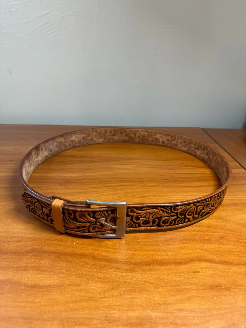 Vintage Sand & Sage Tooled Leather Belt Western Cowboy Cowhide Hand Finished 40